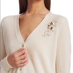 Saks Fifth Avenue Cream Cashmere V-Neck Cardigan with Embellishments, Size XS